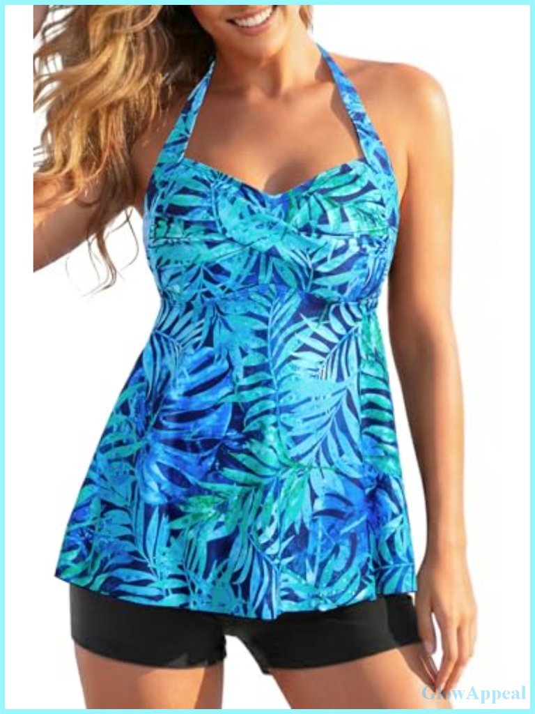 Halter Tankini Set With Shorts Flowy Twist Front Tummy Control Swimwear Two